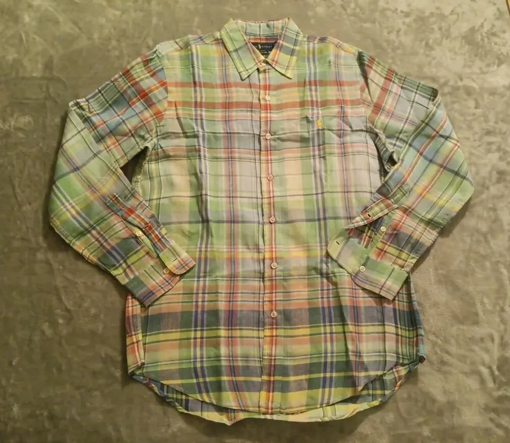 Polo Ralph Lauren Men’s 100% Linen Shirt M Custom Fit Long Sleeve Green Plaid